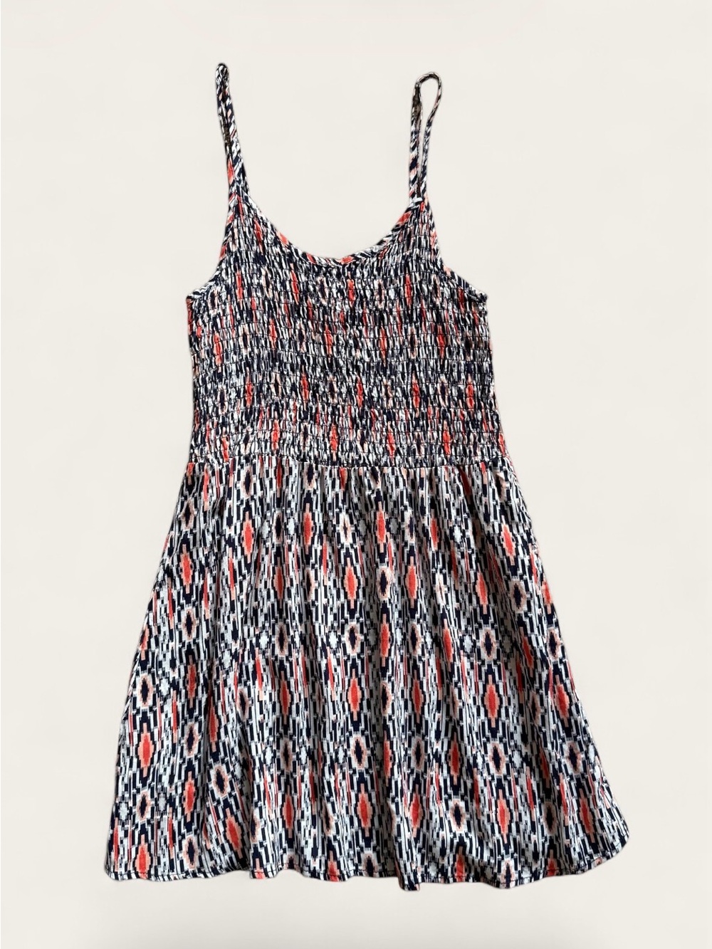 Aeropostale Navy and Coral Patterned Smocked Sundress
